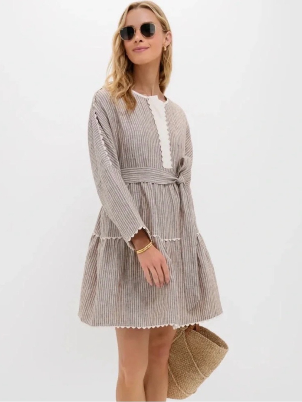 Tuckernuck Beige Stripe Mini Dress with White Trim